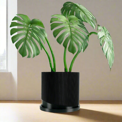 Mid-Century Ribbed Planter with Drainage and Saucer in Multiple Colors, 3D Printed Planter with Unique Modern Design, Lightweight, Wave