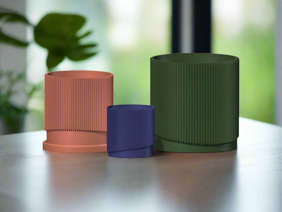 Mid-Century Ribbed Planter with Drainage and Saucer in Multiple Colors, 3D Printed Planter with Unique Modern Design, Lightweight, Wave